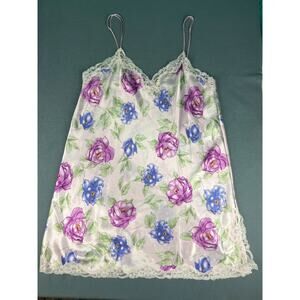 Vintage 90s Floral Satin Slip Dress XL Pink Lace Trim Cottagecore Nightgown